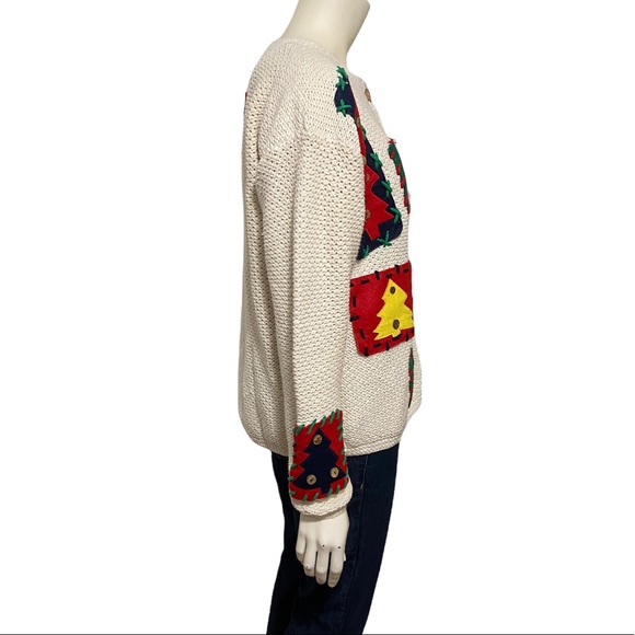 EAGLE'S EYE Vintage Cream Holiday Tree Felt Color Block Cardigan L - Picture 4 of 9